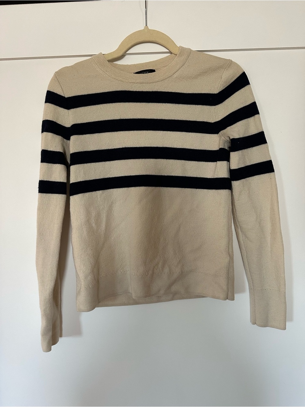 100% Wool J. Crew Beige & Navy Crewneck Sweater